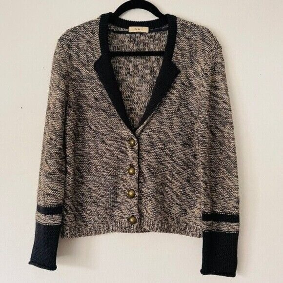 OUI Size 8 Chunky Knit Bronze Buttons Lurex Cardigan Sweater V-Neck Wool Blend - Picture 3 of 8